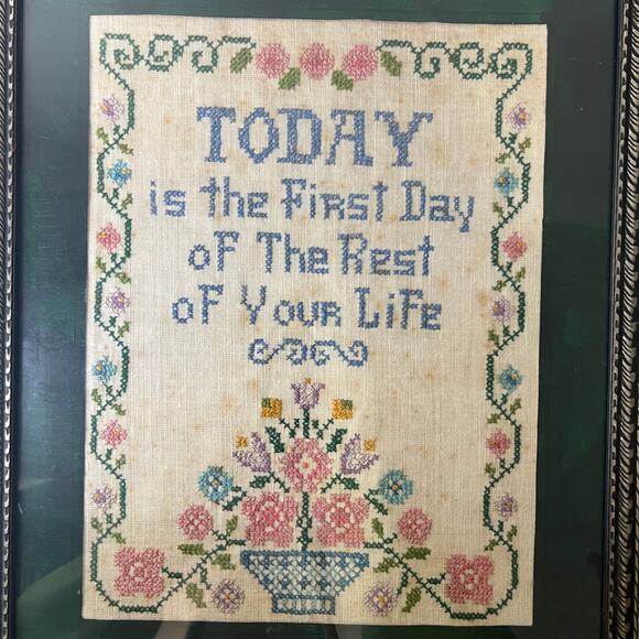 Vintage Today is the First Day Flower Basket Cross Stitch Sampler Completed - Picture 3 of 11